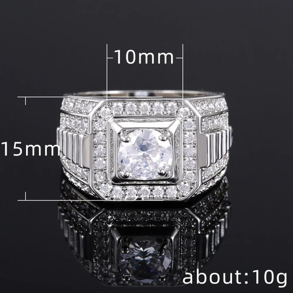 🎀 Fever Square Glitter Zircon Silver Chunky Wedding Rings for Man, PD663